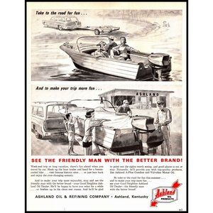 1963 Ashland Oil Products Vintage Print Ad Boating Bot Outboard Motor Wall Art